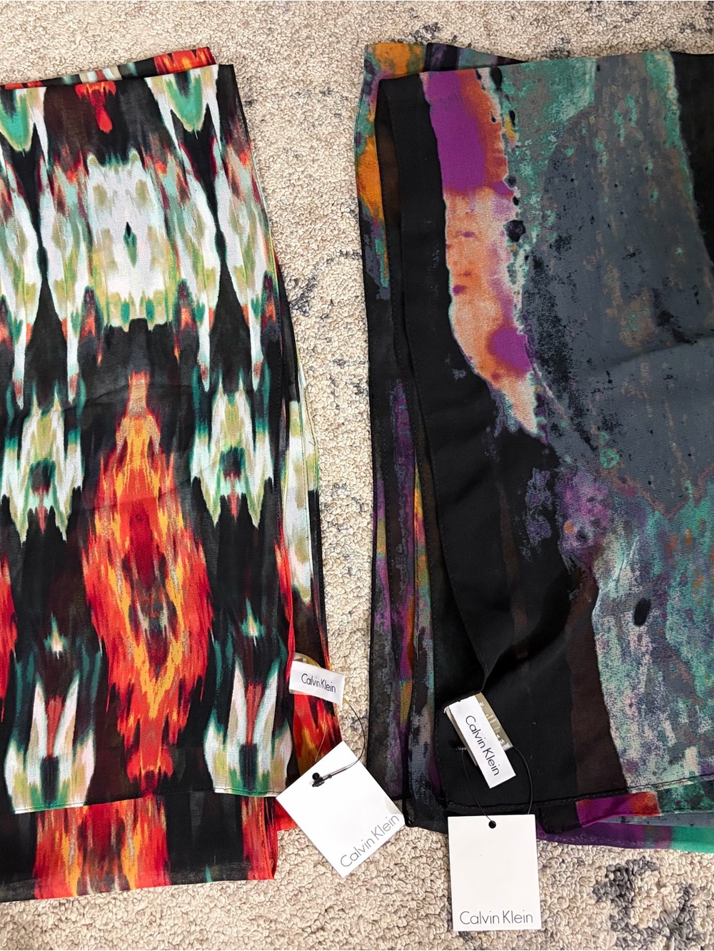 Calvin Klein Multicolored Printed Scarfs (2)— Black, Red, Green, Purple NWT